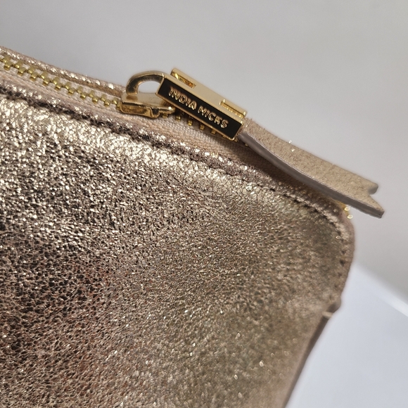 India Hicks Metallic Gold Leather Zip Top Cosmetic Accessory Pouch Clutch - Picture 9 of 16